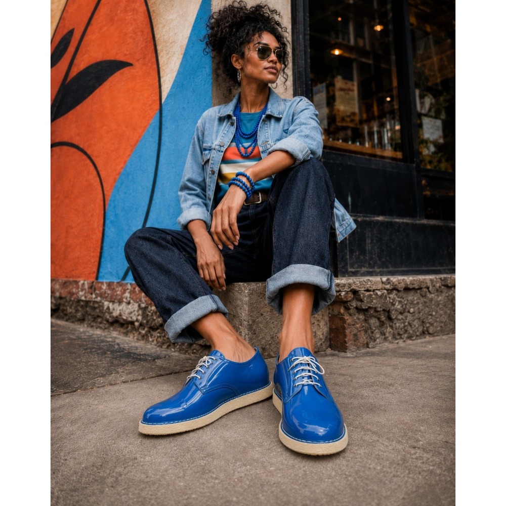 Fred Perry Women's Blue Patent Leather Crepe‎ Sole Derby Oxford Lace Up Shoes S6